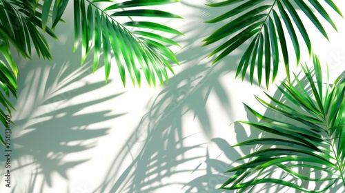 Tropic palm leaves on white wall background. Shadows of leaves in sunlight