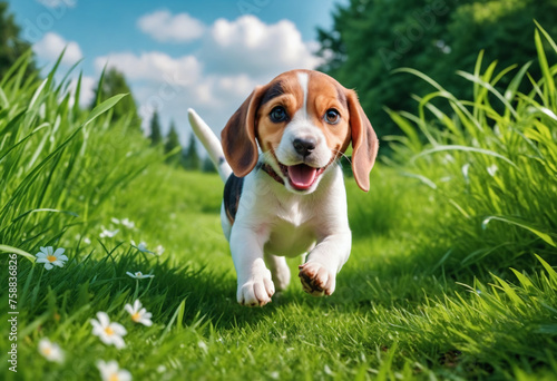 A dog beagle puppy with a happy face runs through the colorful lush spring green grass