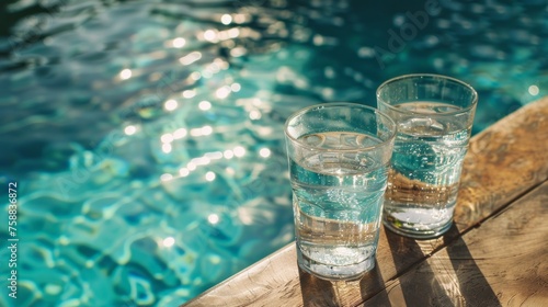 Two glasses filled with fresh water are placed on top of a wooden table next to a clear pool. The pools water shimmers in the sunlight, creating a refreshing scene