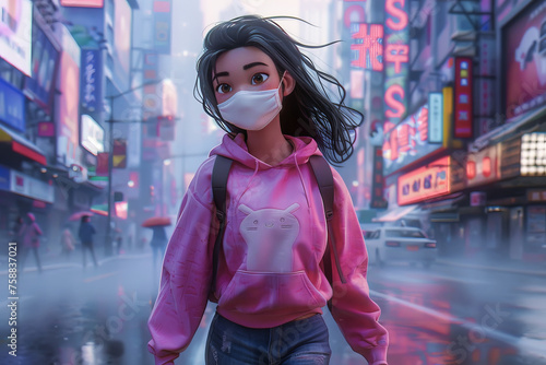Chica joven de dibujos animados portando mascarilla blanca en su cara, sudadera rosa y mochila, paseado por una calle de una ciudad asiática, sobre fondo de paisaje urbano lloviendo. photo