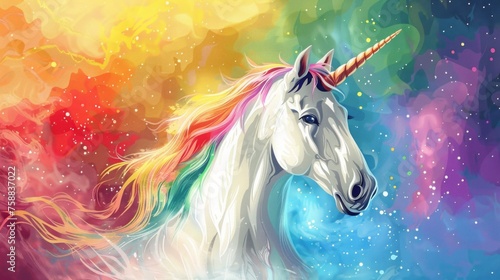 Unicorn with colorful background and rainbow colored mane