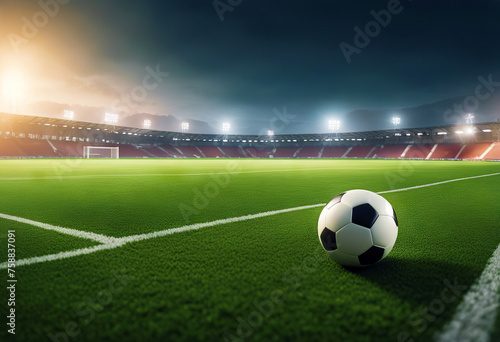 Green soccer field with bokeh backdrop stock photo