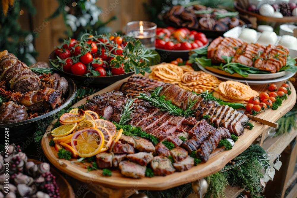 An elaborate spread featuring succulent grilled meats, fresh tomatoes, herbs, and citrus accents on a wooden table