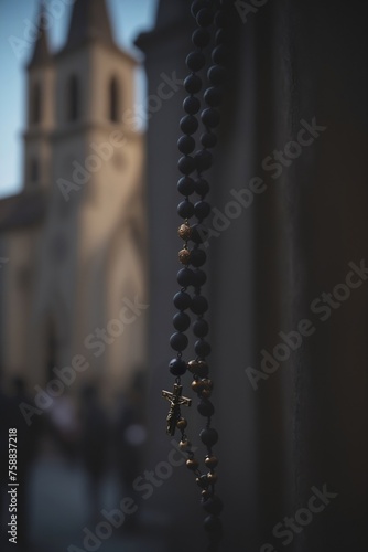 Low-Key-Aufnahme, Rosenkranz, Kirche im Hintergrund, die die Kraft des Gebets und der Hingabe in der religiösen Praxis symbolisiert.