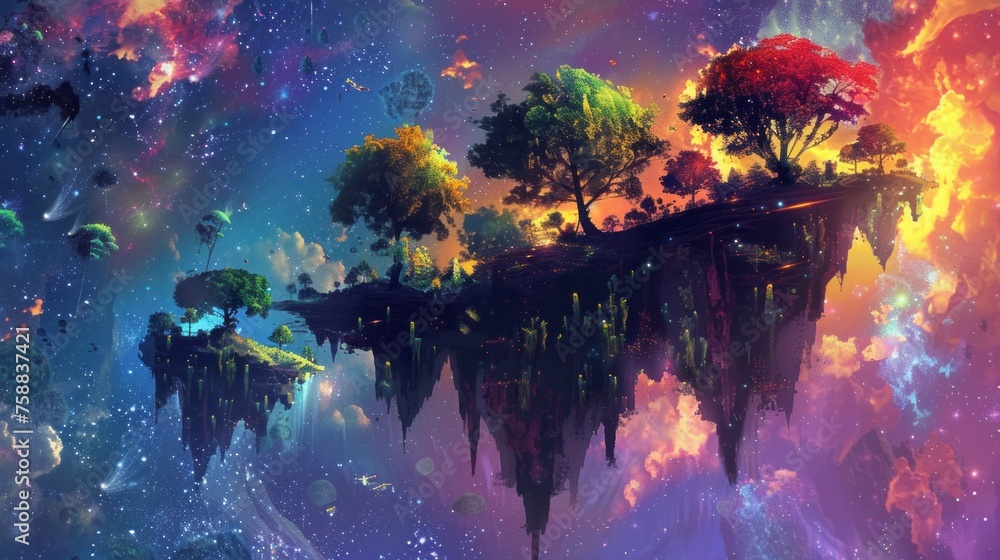 Naklejka premium Vibrant floating islands with lush, colorful trees defy gravity in an otherworldly cosmic space, creating a scene from a fantastical dream