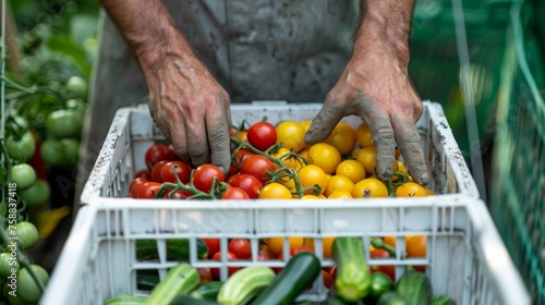 Person gathering a basket of ripe tomatoes and cucumbers from a garden