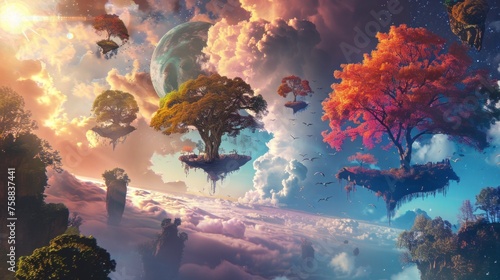 Vibrant floating islands with lush, colorful trees defy gravity in an otherworldly cosmic space, creating a scene from a fantastical dream