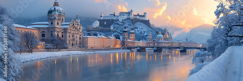 Salzburg Cathedral and City Skyline in Winter, Salzburg old city at christmas time snowy in the evening austria 3d wallpaper 