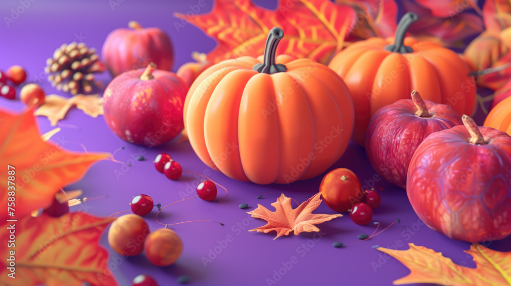 Vibrant 3D Style Pumpkins and Autumn Fruits on Rich Purple Background Generative AI Vibrant 3D Style Pumpkins and Autumn Fruits on Rich Purple Background Generative AI