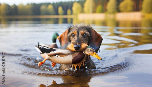 Rauhhaardackel aportiert eine Ente in einem See