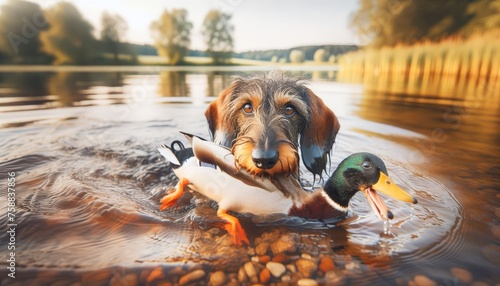 Rauhhaardackel aportiert eine Ente in einem See photo
