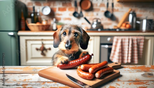 Rauhaardackel klaut eine Wurst vom Tisch