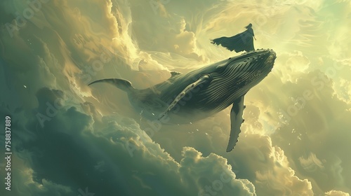 In a sky filled with swirling clouds, a surreal scene unfolds as a magnificent humpback whale soars gracefully through the air, its massive form defying gravity.