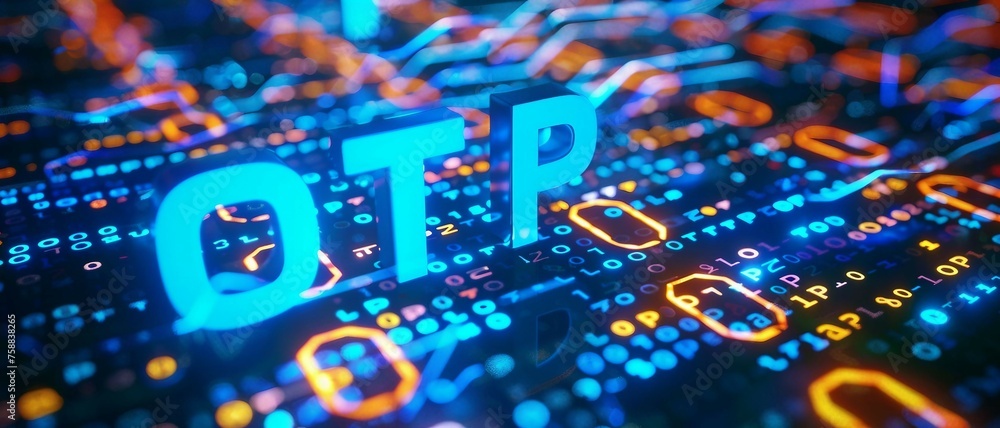 Digital blue matrix binary code forms the acronym OTP , symbolizing the concept of One-Time Password.
 - obrazy, fototapety, plakaty 