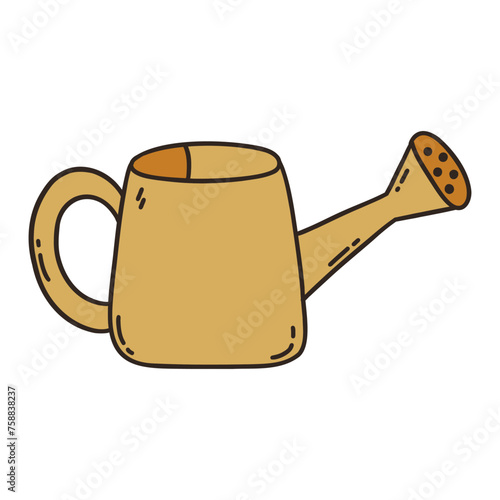 Brown watering can. Colorful vector isolated illustration hand drawn doodle. Plant and garden care equipment. Village life. Icon clip art. Gardening season