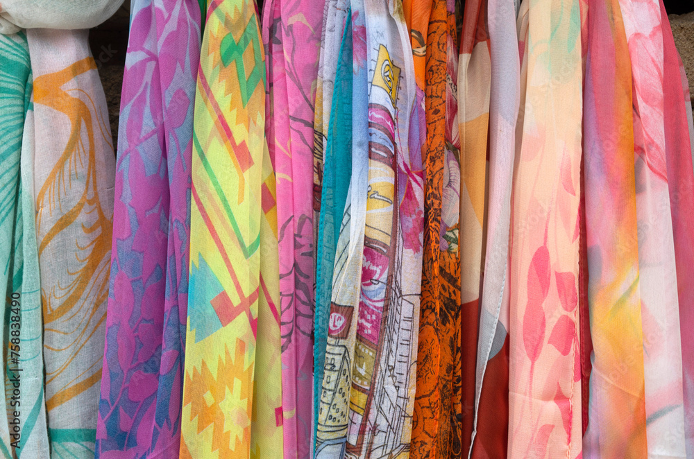 Many colourful scarves in street market in Bulgaria