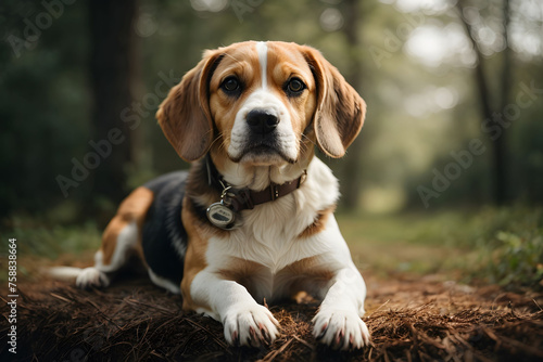 A Beagle dog is relaxing on a log in the forest.