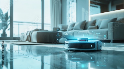 Wireless futuristic vacuum hoover cleaning machine robot on schedule in a living room with HUD datum data and controls, concept of internet of things and smart home appliances a wide banner design