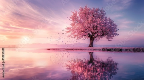 Cherry blossom tranquility  lush tree in bloom  petals drifting in pink sky  serene pond reflection.