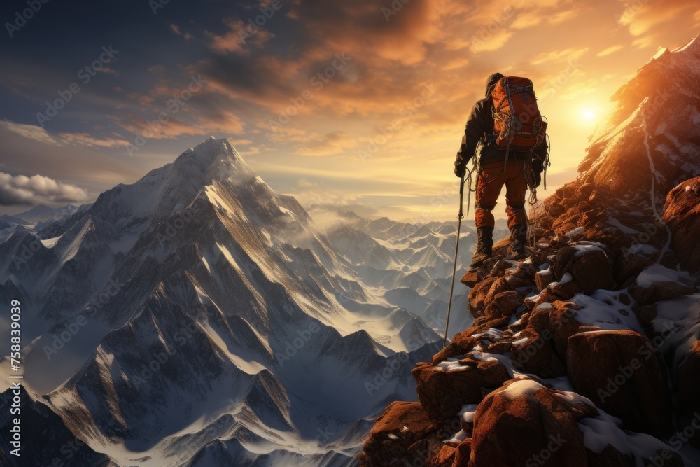 mountains at sunset. Hiker with backpack on the top of the mountain against beautiful sunset. Hiking and tourism concept