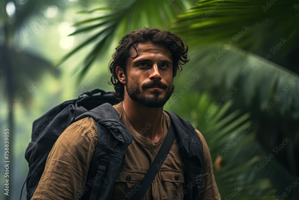 Portrait of a handsome young man with backpack in the jungle. Hiking and tourism concept Portrait of a handsome young man with backpack in the jungle. Hiking and tourism concept