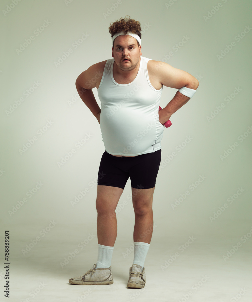 Plus size, man and studio workout and portrait, tired and weight loss or health and energy. Diet, training for wellness and male person, isolated on white background for body positivity or strength Plus size, man and studio workout and portrait, tired and weight loss or health and energy. Diet, training for wellness and male person, isolated on white background for body positivity or strength