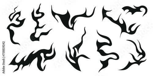 Vector set of y2k style design elements, scars, fire flames, cracks, tattoos. Neo tribal illustrations. photo
