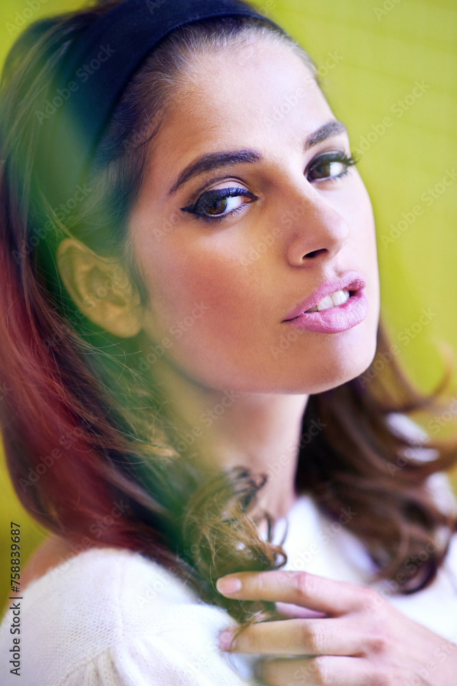 Retro, beauty and hair in portrait of woman with makeup in home from 70s with fashion or style. Vintage, aesthetic and model with old fashioned hairstyle and cosmetics on face of girl in house Retro, beauty and hair in portrait of woman with makeup in home from 70s with fashion or style. Vintage, aesthetic and model with old fashioned hairstyle and cosmetics on face of girl in house