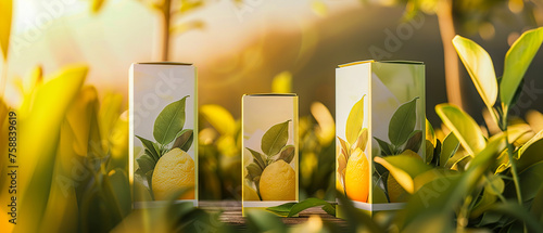 Three boxes of lemon-flavored drinks are displayed in a table, freshness and naturalness photo