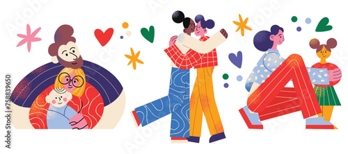 Family members spending time together at home set. Mother, father, newborn and children hug. Cute cartoon characters isolated on background. Flat vector illustration