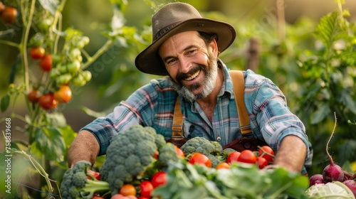 A man in a hat and overalls picks vegetables in a bountiful garden on a sunny day