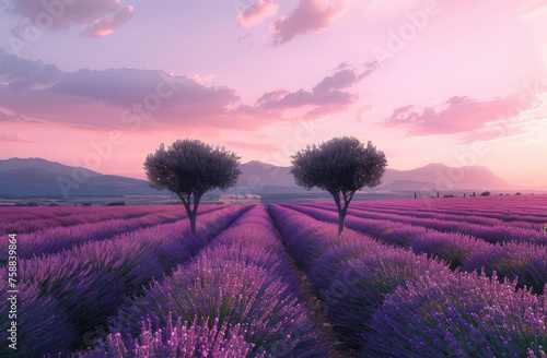 Lavender fields in the Provence region of France, beautiful sky, summer time, lavender field