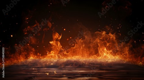 wooden table with Fire burning on a dark background