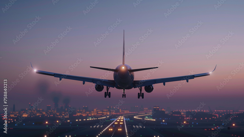 Fototapeta premium Airplane landing at twilight over city runway lights.