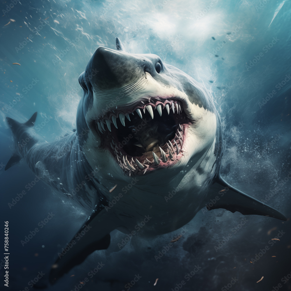 Great white shark with open mouth. Watch out sharks. Shark attack