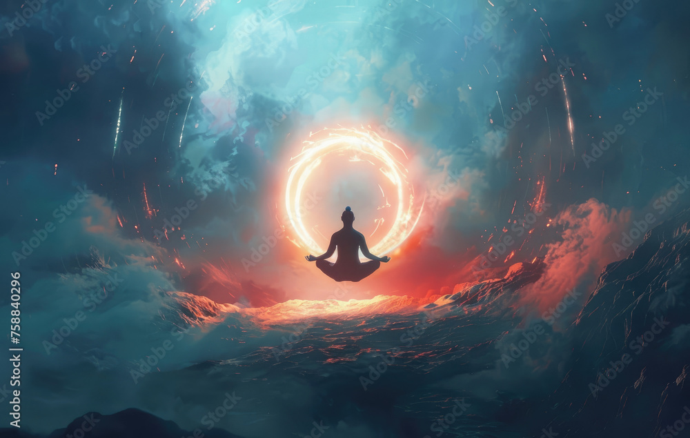 A person meditating with their aura glowing around them, surrounded by energy rings and an inner light emanating from the center of his body, representing spiritual awakening - obrazy, fototapety, plakaty 