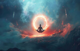 A person meditating with their aura glowing around them, surrounded by energy rings and an inner light emanating from the center of his body, representing spiritual awakening