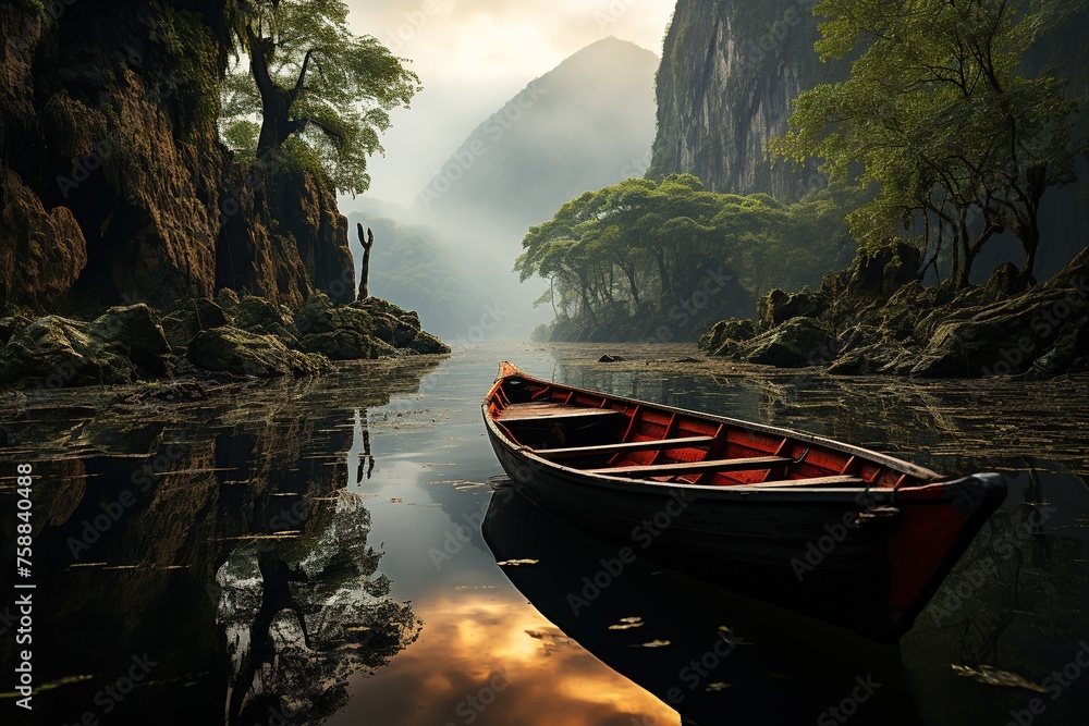 Fototapeta premium Solitary Boat on Serene River by Limestone Cliffs. 