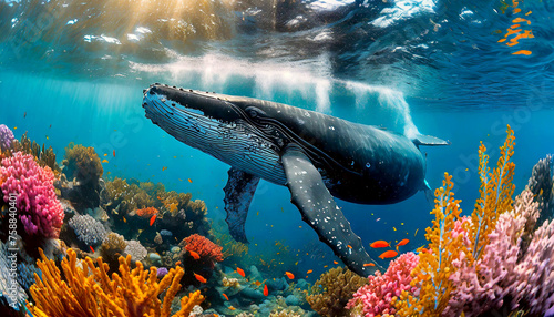 Close-up of a majestic humpback whale swimming gracefully underwater in a vibrant coral reef. Generative Ai.