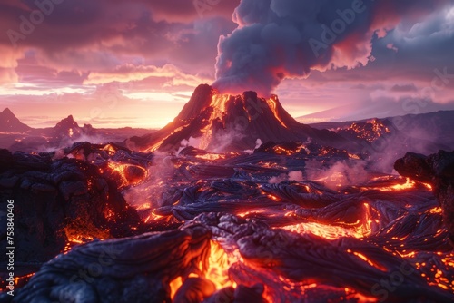 An active volcano with hot lava flow around