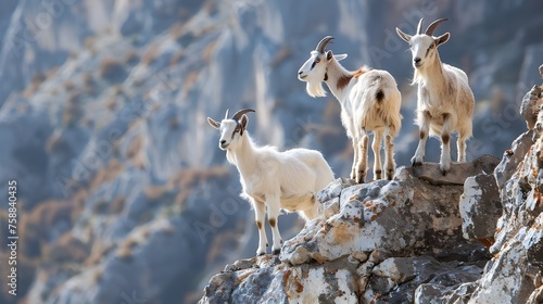 "Rocky Cliffside Grazing: Five Goats Stand Amid Rural Wilderness" 