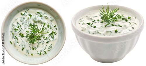 bowl with ranch dressing made with mayonnaise, sour cream, buttermilk, garlic, dill, parsley, and chives, isolated on a white background