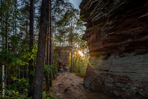 Sunset behind Red Rock in Rockland of Dahn  Rhineland-Palatinate  Germany  Europe