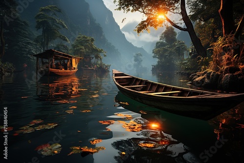 Sunset Glow on Tranquil River with Traditional Boats. 