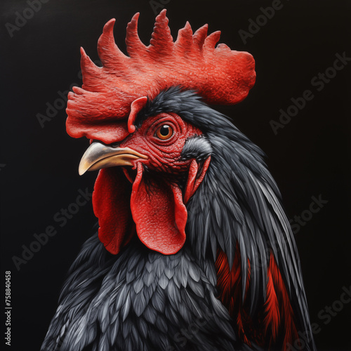black rooster portrait on a black background red comb looking at the camera
