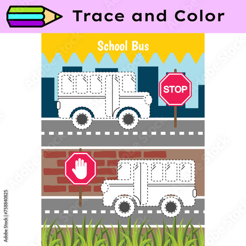 Pen tracing lines activity worksheet for children. Pencil control for kids practicing motoric skills. School bus educational printable worksheet. Vector illustration.