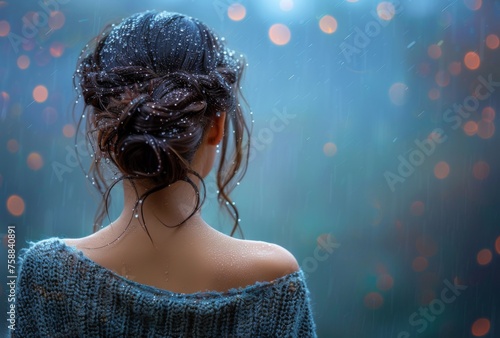 A depressed dishevelled little girl in the rain on a blue bokeh glittery background photo