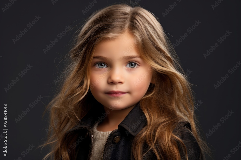 Portrait of a little girl with long blond hair in a black coat. Portrait of a little girl with long blond hair in a black coat.