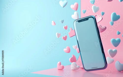 The phone screen displays a blank background with digital magnetism and 3D hearts overlaid on a light green backdrop and space for text, Generative AI.