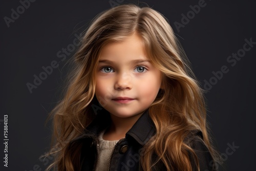 Portrait of a little girl with long blond hair in a black coat.